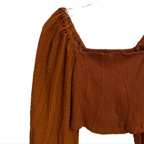 Urban Outfitters Claudia Cropped Top Blouse Size M Balloon Sleeves Rust Orange - Picture 5 of 15